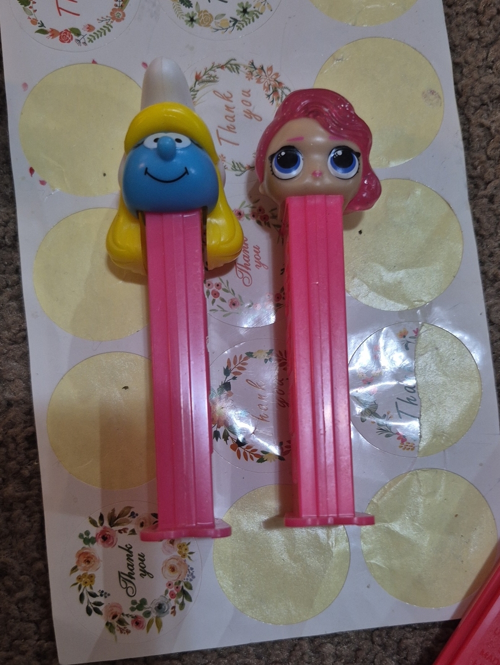 PEZ-Style Pink Character Candy Dispenser - Cute Doll & Smurfette Designs